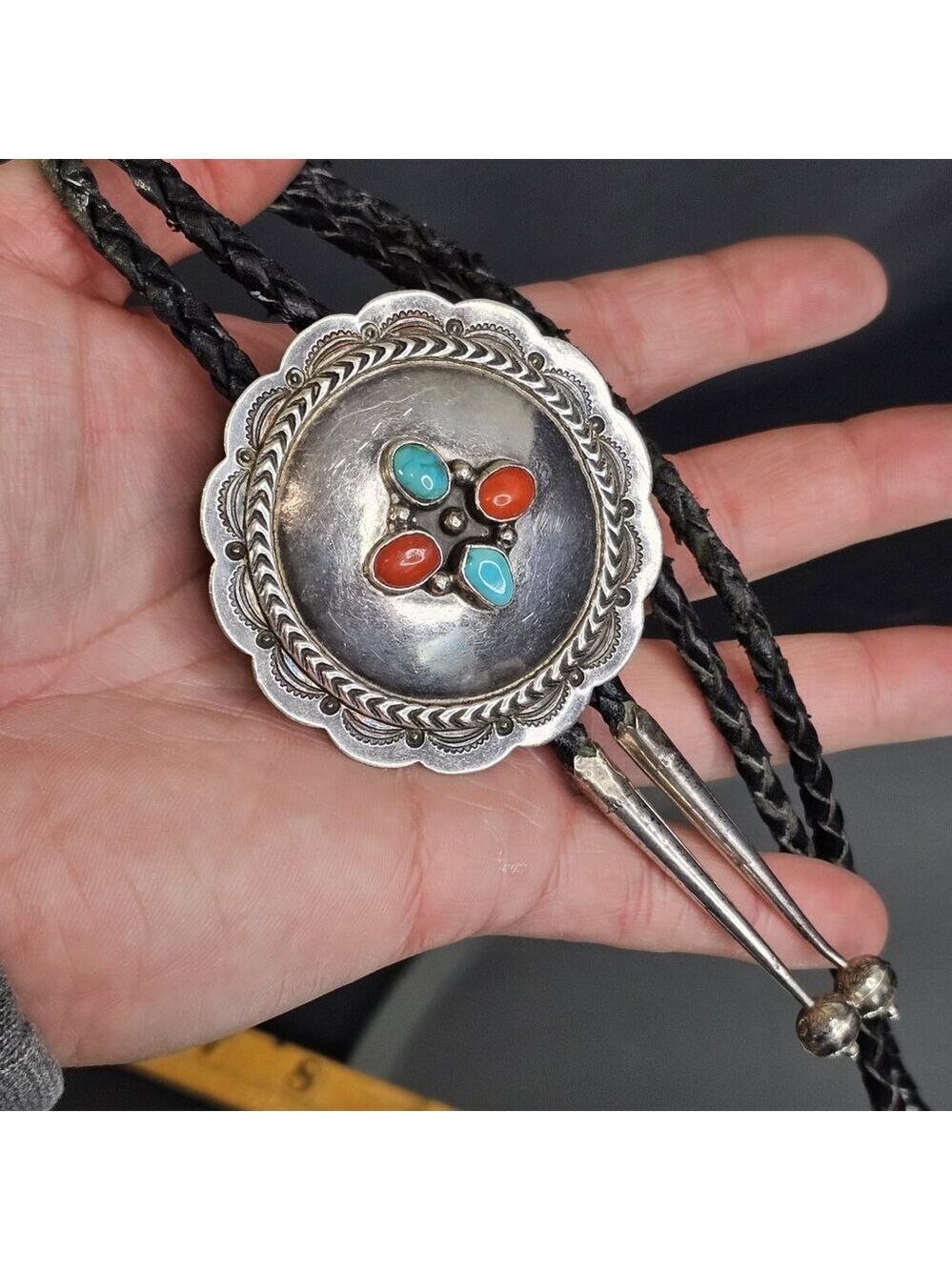 Navajo Turquoise And Coral Sterling Silver Bolo Tie Native American Vintage - Picture 10 of 11